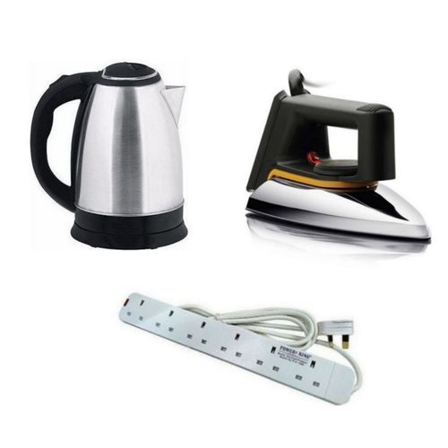 Bundle Of Flat Iron, Scarlet Kettle 2 Ltr & 6Way Extension Cable - Silver image