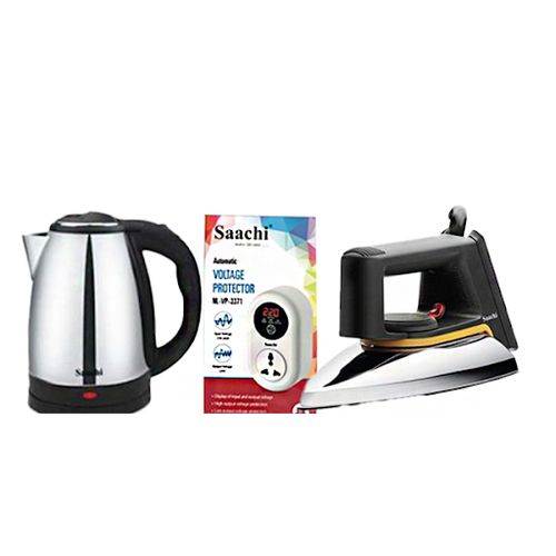 Non Stick Dry Flat Iron+Original 2L Stainless Electric Kettle+ 15 Amps TV Guard / Fridge Guard / Pow image