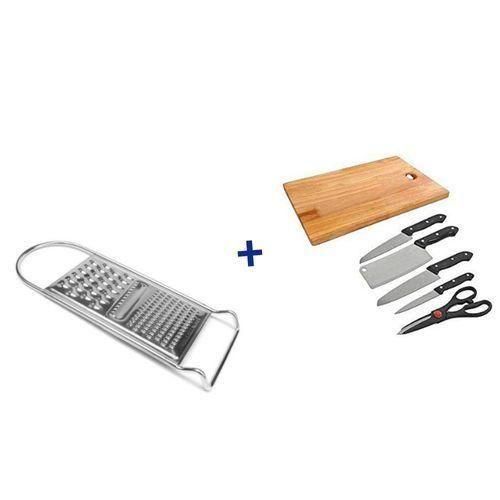 6Pc Kitchen Knife Set With Wooden Chopping Board Plus A Grater- Silver, Black image