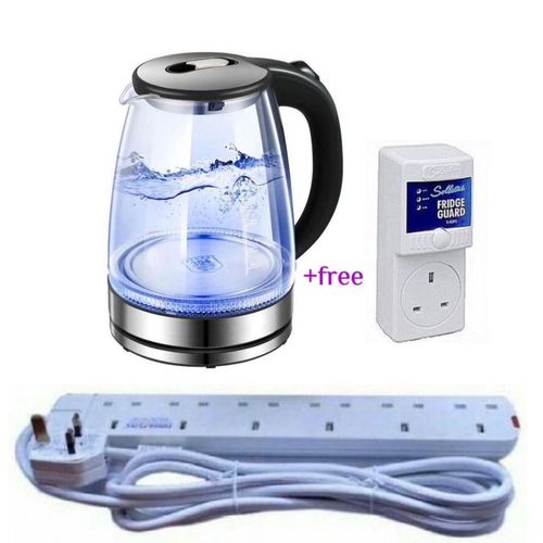 Pack Of Original 2L Glass Electric Kettle With LED Blue Light With A 6Way Power Extension Plus A Fre image